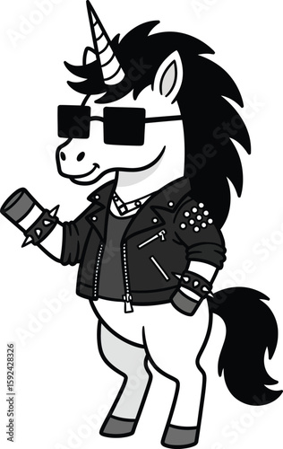 A punk rock unicorn wearing sunglasses and a leather jacket on white