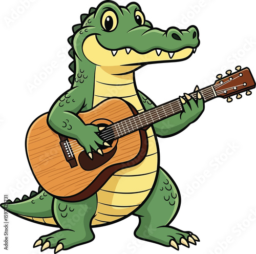 A cartoon alligator playing an acoustic guitar with a happy expression