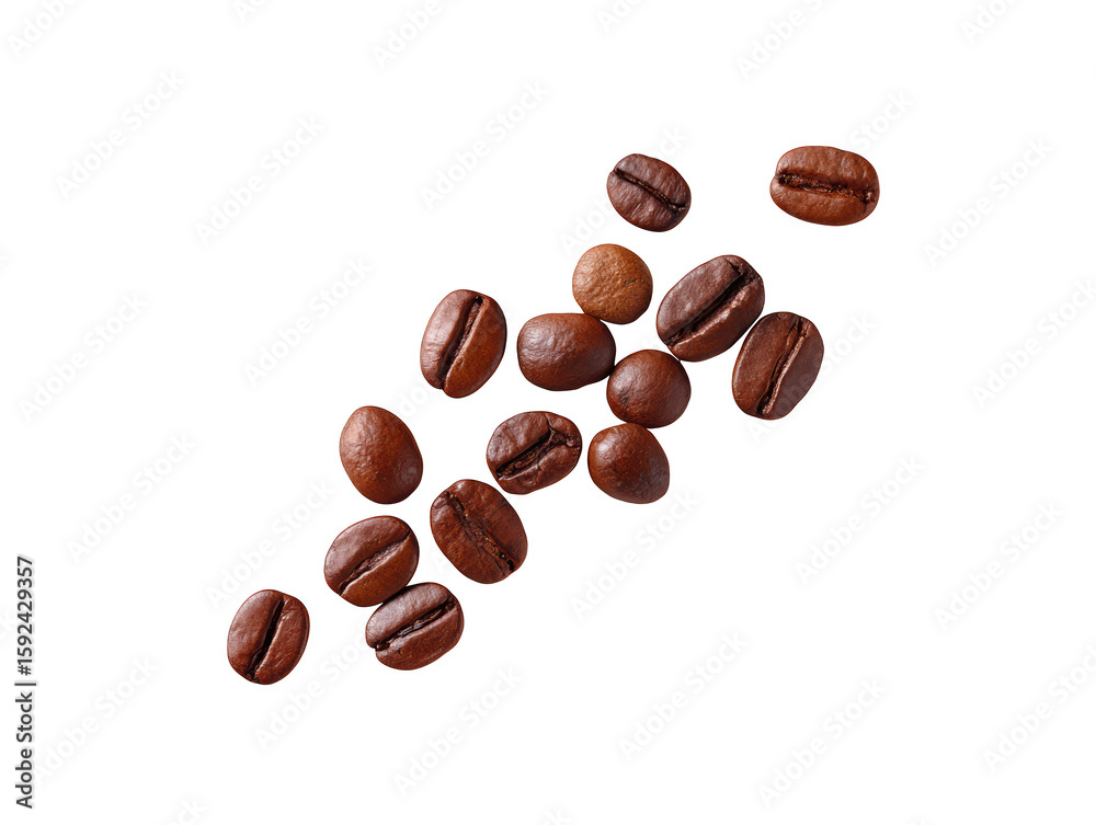 Obraz premium Rich dark roasted coffee beans scattered on a black background, textured aromatic display