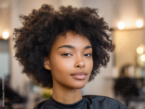 Elegant Woman With Curly Hair Smiling Confidently in a Bright Salon Setting