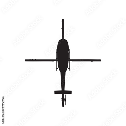 Overhead silhouette of a helicopter featuring a rotor, fuselage and tail
