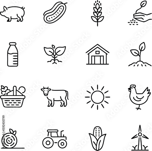 Vector set of farm icons depicting agriculture animals crops and farming elements