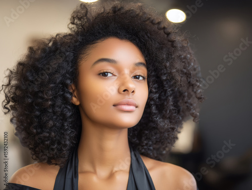 Confident Woman With Curly Hair in a Studio Environment