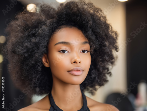 Elegant Woman With Voluminous Curly Hair in a Professional Setting