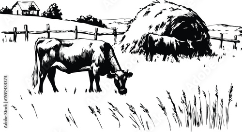 Black and White Illustration of Cows Grazing in a Pastoral Field