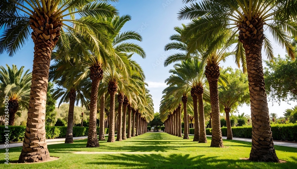 Obraz premium Palm tree avenue under blue sky