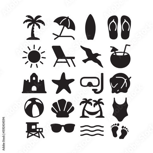 Simple Black and White Beach and Summer Icons