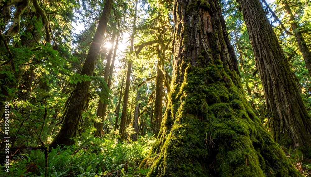 Fototapeta premium Lush forest canopy. Sunlight streams through trees