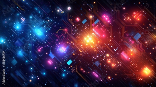 Abstract circuit board pattern with vibrant glowing lines