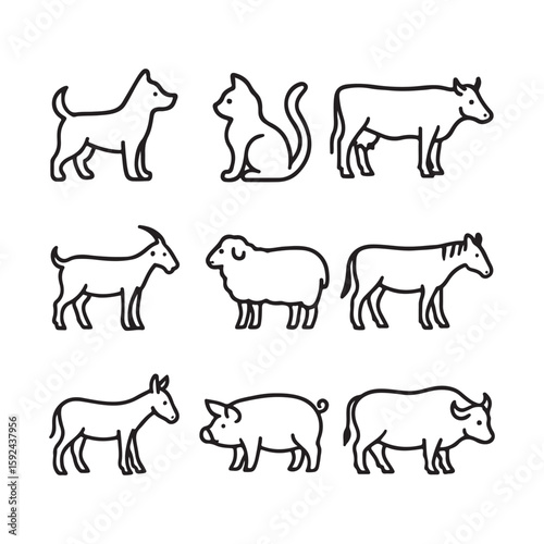 Simple Line Art Illustrations of Farm and Domestic Animals