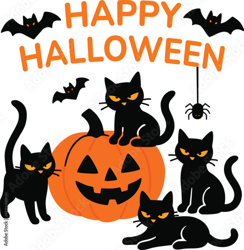 Happy Halloween black cat pumpkin bat spider orange festive illustration