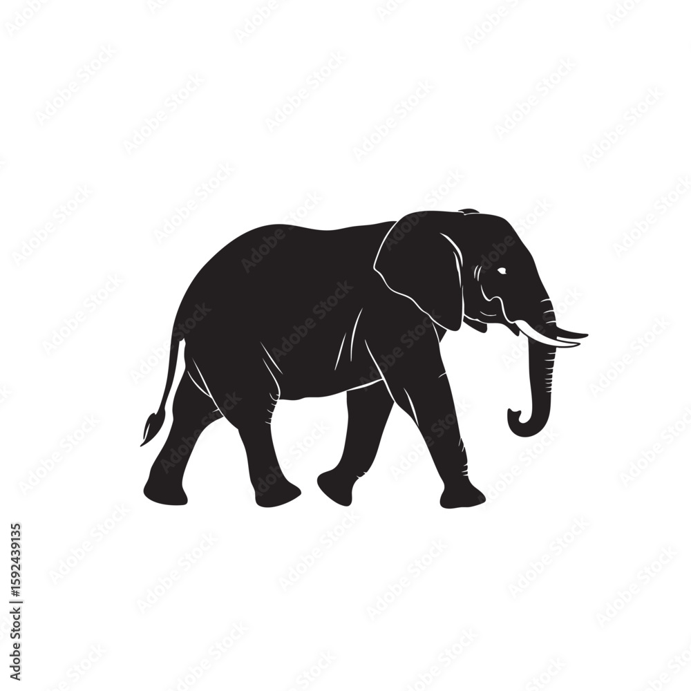 Fototapeta premium Majestic African Elephant Silhouette Striding Confidently on White Background Art Print