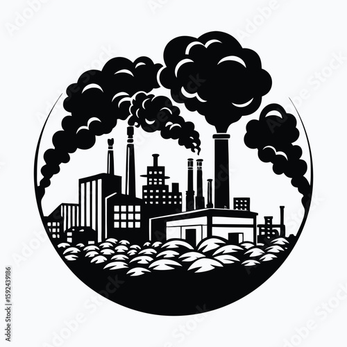 Urban factory and city skyline illustration with industrial buildings and smoke pollution
