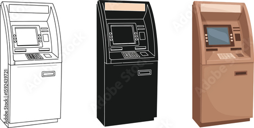 Three ATM illustrations showcase financial technology, with a line drawing, a solid black silhouette, and a fully colored version, ideal for banking and business concepts.