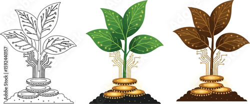 Digital growth concept showcases a plant sprouting from coins with circuit board veins, symbolizing financial technology, investment growth, and the evolution of digital currency.