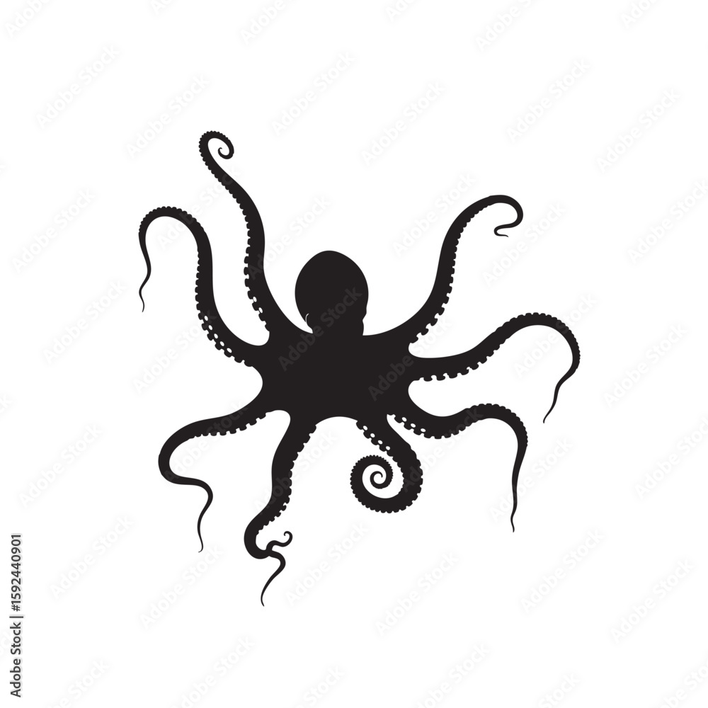 Obraz premium Silhouette of an Octopus with Curled Tentacles and a White Background