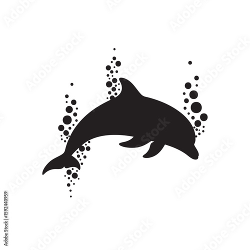 Simple black and white silhouette of a dolphin swimming with bubbles
