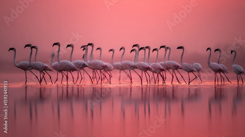 Flamingos in a rosy sunrise