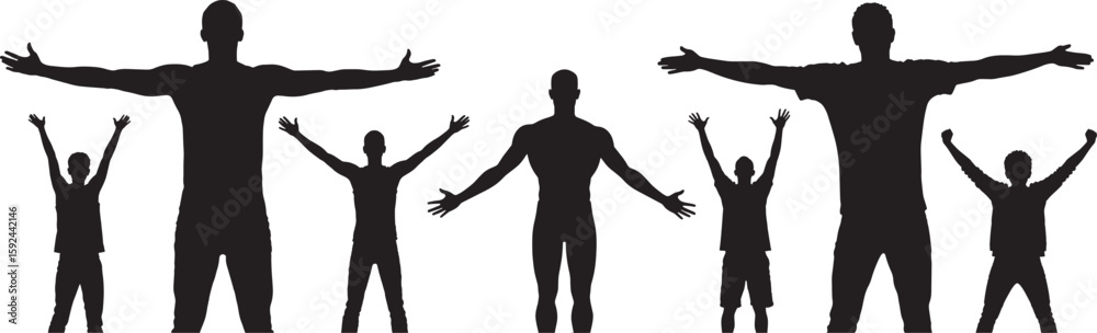 Fototapeta premium Silhouette of group celebration with arms outstretched — unity, teamwork, success, empowerment, victory, togetherness, motivation, dynamic illustration isolated on white background