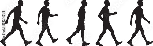 Silhouette of walking and running human figure – dynamic motion, stride, walk cycle, active lifestyle, fitness, sport, minimalist artistic illustration isolated on white background