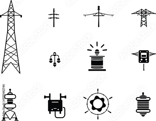 Electrical Infrastructure Icon Set Featuring Transmission Towers, Insulators, Meters, and Control Devices