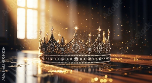 Ornate golden crown resting on a reflective surface, illuminated by light streaming from a window.