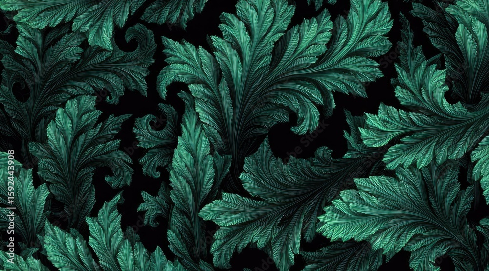 Fototapeta premium Dark teal, ornate, stylized foliage pattern on black background; lush, detailed, swirling leaves create a rich, seamless texture