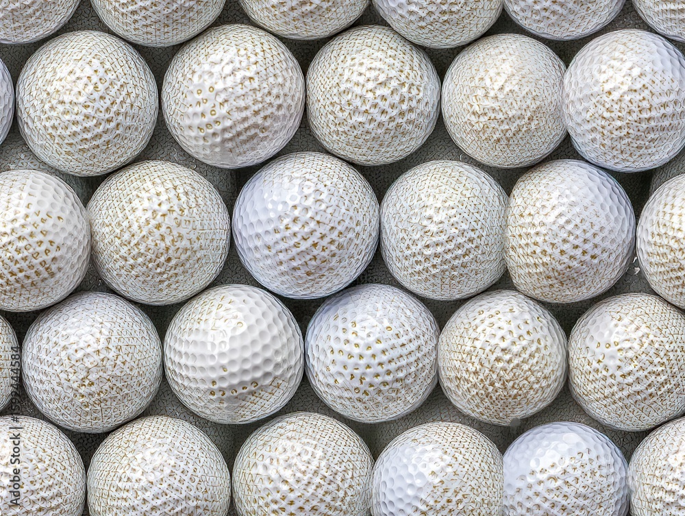 Arrangement of spherical white golf balls, repeating pattern, organized for a seamless background texture. Arrangement of spherical white golf balls, repeating pattern, organized for a seamless background texture.