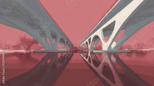 Structural symmetry: geometric bridge, mirror-like river, mathematical precision, monochromatic colors, minimalist concept. restrained axis. Illustration