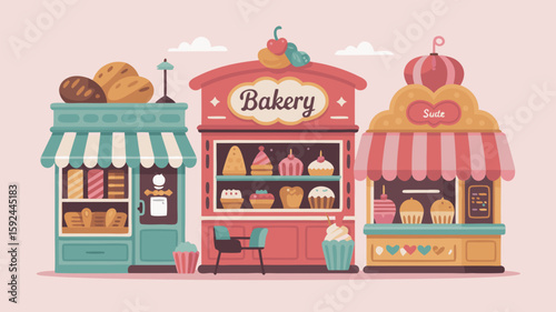 Vector SVG Illustration of Bakery Stalls with Cakes and Pastries in Modern Flat Style with Soft Pastel Colors