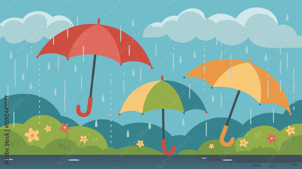 Fototapeta premium Vector SVG Illustration of Colorful Umbrellas in Rainy Scene Modern Flat Design Bright Colors