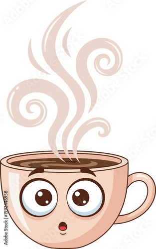 A surprised cartoon coffee cup with steam, emitting a warm, comforting feeling.
