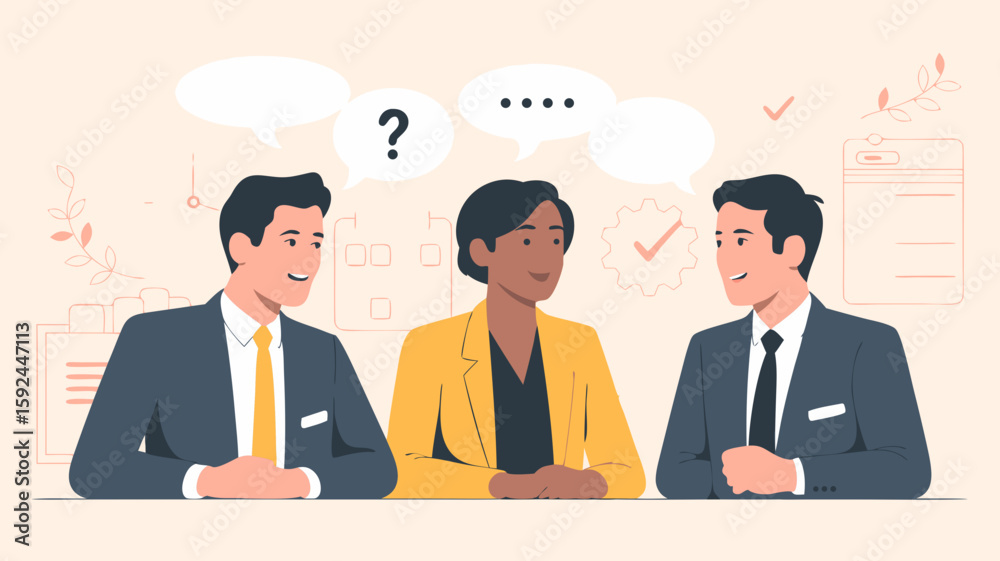 Modern Vector SVG Illustration of Businesspeople Engaged in Conversation with Speech Bubbles and Digital Elements Flat Design Modern Vector SVG Illustration of Businesspeople Engaged in Conversation with Speech Bubbles and Digital Elements Flat Design