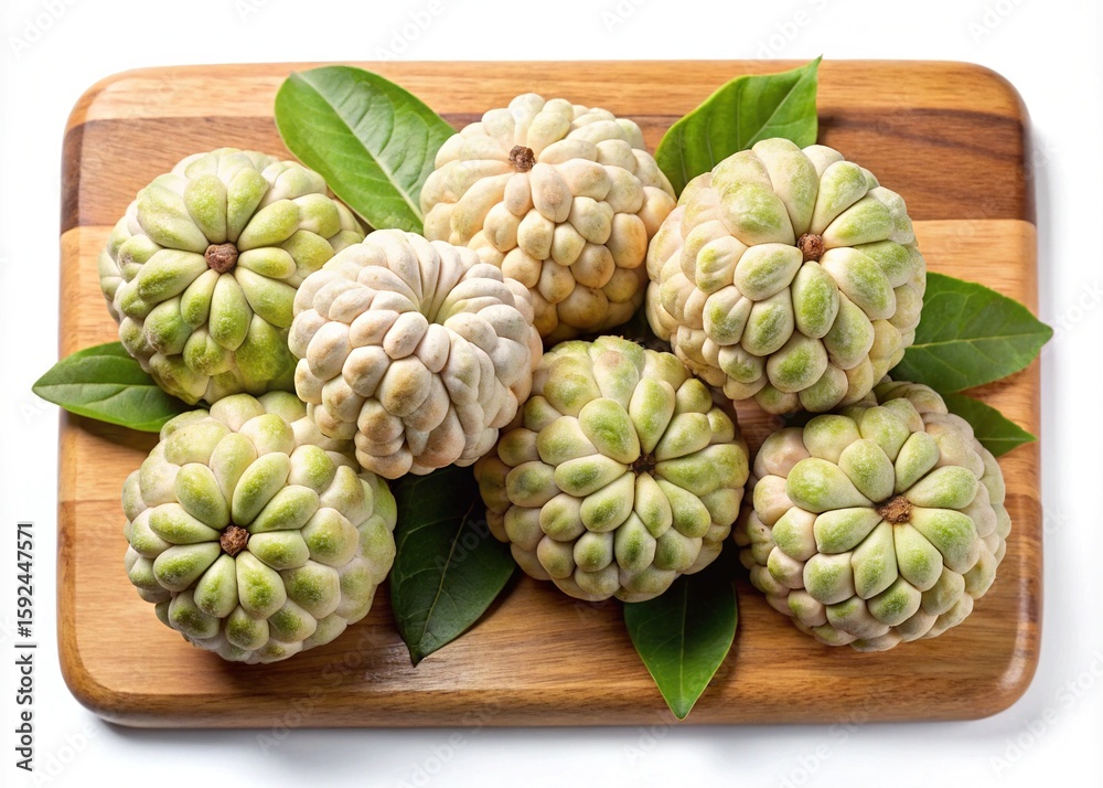 Fototapeta premium Custard apples arranged with leaves on a wooden board surface