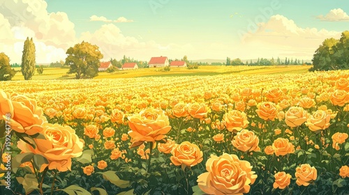 Fototapeta Naklejka Na Ścianę i Meble -  A vast field of vibrant yellow roses stretches towards a rural landscape.