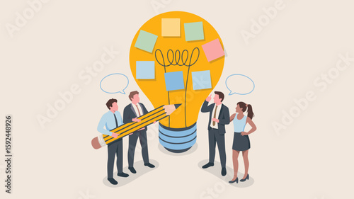 Vector SVG Illustration of Businesspeople Discussing Ideas with Lightbulb and Sticky Notes in Modern Flat Style