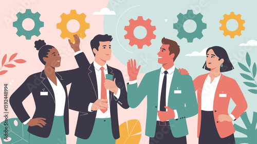 Vector Business Team Collaboration SVG Illustration with Gear Icons in Flat Modern Style for Corporate Design