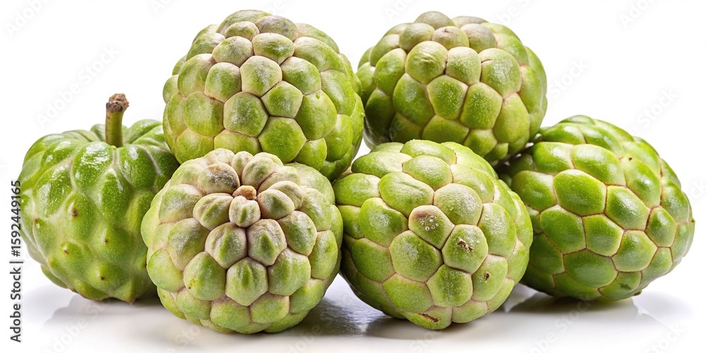 Fototapeta premium Pile of fresh and vibrant green sugar apples on a white background