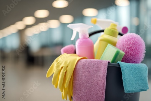 Colorful cleaning supplies in a bucket in bright office setting