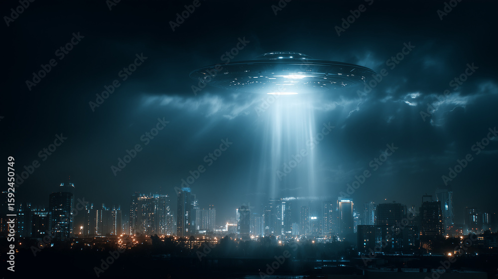 Fototapeta premium Futuristic UFO hovers silently above the nighttime cityscape, casting a focused beam of light onto the ground below.