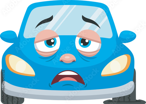 A cartoon blue car with a sad, tired expression.
