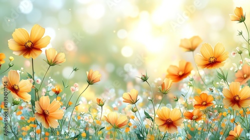 Sunny field of cosmos flowers