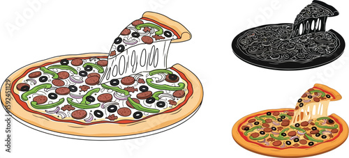 A delicious pizza illustration features a slice being pulled away, showcasing melted cheese and toppings like pepperoni, olives, peppers, and onions, perfect for food-related designs.