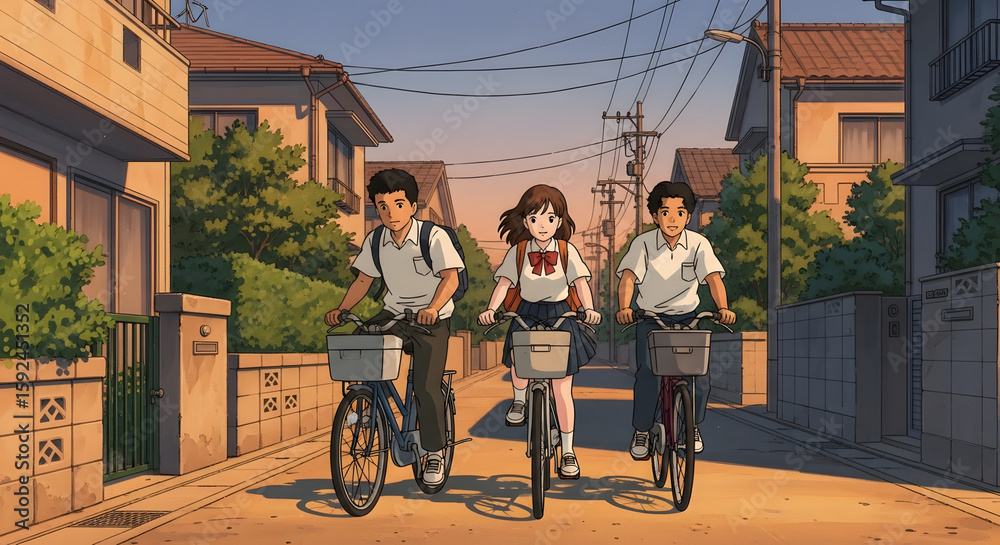 Evening Bike Ride – Teenagers Enjoying the Calm Neighborhood Evening Bike Ride – Teenagers Enjoying the Calm Neighborhood