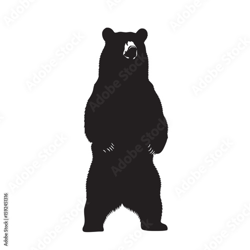 Silhouette of a roaring bear standing up against a white background
