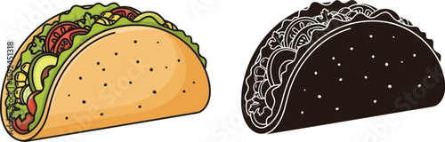 Delicious taco illustration featuring fresh ingredients like lettuce, tomatoes, and avocado, presented in both a vibrant color version and a sleek black and white silhouette.
