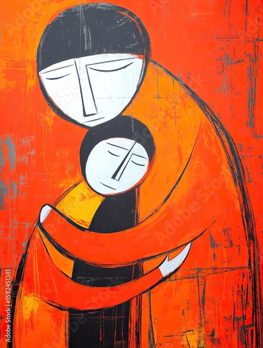 Abstract painting of two figures in warm embrace on a textured red background. Simple lines, striking colors.