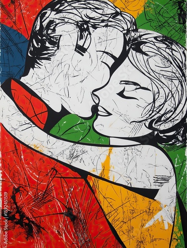 Stylized artistic rendering of a couple embracing, rendered with bold lines and a vibrant color palette.
