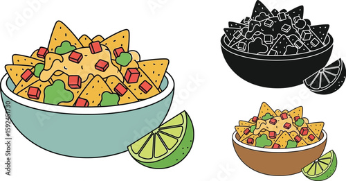 Delicious nachos in a bowl with a lime wedge are presented in colorful, black and white, and line art styles, perfect for illustrating Mexican food or snack concepts.