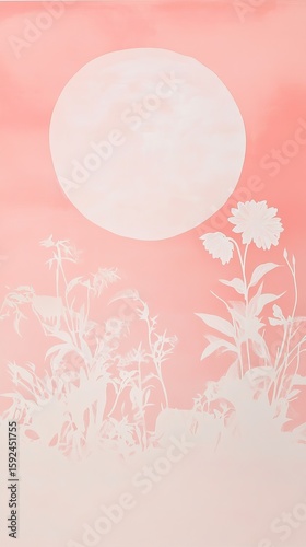 Dreamy floral illustration against a coral sky, creating a serene and tranquil visual experience.